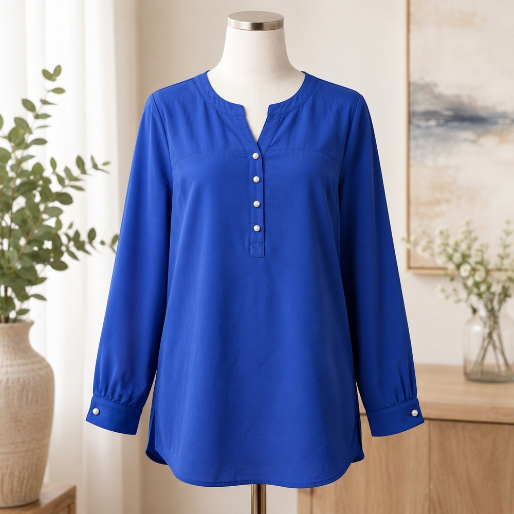 NWT Denim & Co Tunic Blouse Womens XS Blue Henley Long Sleeve Pearl Button Top